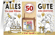 Happy Birthday zum 50. Geburtstag. Dies ist eine besondere goldene Glückwunschkarte. Die Karte kann aufgeklappt werden, um dort den Glückwunsch Text reinzuschreiben. Speziell ist, dass vorne auf der Geburtstagskarte noch eine Mäusefalle klebt. In diese ka