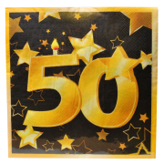 Happy Birthday, Servietten zum 50. Geburtstag. Mit der Zahl 50 aufgedruckt auf die Papierservietten. Die Serviette ist im beliebten Design mit den Farben schwarz und gold. Eignet sich für eine schöne Tischdekoration bei der Geburtstagsparty.   Inhalt: 20