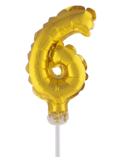 Folien Ballon Zahl 6  Cake Topper oder Kuchenstecker. Der goldene Zahlenballon wird mit einem kleinen Stäbchen. Der Plastikstab dient als Stecker um in die Torte oder sonst irgendwo zu stecken. Gleichzeitig dient der Stäbli auch als Aufblashilfe, mit dem 