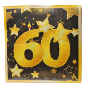 Happy Birthday, Servietten zum 60. Geburtstag. Mit der Zahl 60 aufgedruckt auf die Papierservietten. Die Serviette ist im beliebten Design mit den Farben schwarz und gold. Eignet sich für eine schöne Tischdekoration bei der Geburtstagsparty.   Inhalt: 20 