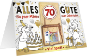 Happy Birthday zum 70. Geburtstag. Dies ist eine besondere goldene Glückwunschkarte. Die Karte kann aufgeklappt werden, um dort den Glückwunsch Text reinzuschreiben. Speziell ist, dass vorne auf der Geburtstagskarte noch eine Mäusefalle klebt. In diese ka