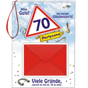 Partyzone. 70. Geburtstag. Alles Gute. Viele Gründe, warum es toll ist Geburtstag zu haben! Das Geschenkbuch hat eine Lasche zum Aufhängen. Es kann beispielsweise an eine Flasche oder an Geschenk gehängt werden. Im Frontdeckel ist ein Loch