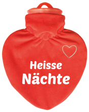 Heisse Nächte.  Die Herz Wärmeflasche ist ein hochwertiges Qualitätsprodukt. Mit einem samtig-weichen Veloursüberzug (rot) 100 % Polyester, mit einem weissen, aufgesticktem Herzli auf der Vorderseite. Dazu mit bedruckt mit einem lustigen Spruch. Der Bettf