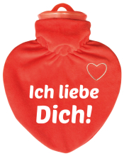 Ich liebe Dich.   Die Herz Wärmeflasche ist ein hochwertiges Qualitätsprodukt. Mit einem samtig-weichen Veloursüberzug (rot) 100 % Polyester, mit einem weissen, aufgesticktem Herzli auf der Vorderseite. Dazu mit bedruckt mit einem lustigen Spruch. Der Bet