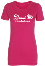 Braut des Jahres. Mit viel Herz. Das lustige Polterabend T-Shirt für die Braut. Das farbige Sujet-Motiv passt perfekt für den Junggesellinnen Abschied und seine Gefolgschaft.  Auch für die Kolleginnen der Braut gibt es passende Shirts, welche in einem ein