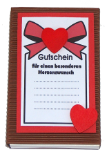 Gutscheinbox mit dem Spruch: Gutschein für einen besonderen Herzenswunsch. Selbstgebastelte Geschenksidee für Gutscheine und Geldgeschenke. Für Geburtstag, Weihnachten, Prüfungen, Reise und spezielle Wünsche. Grösse wie eine