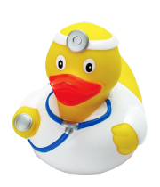 Doktor Doc Arzt Badeente. Gute Besserung. Nie mehr alleine baden und schwimmen. Mit dieser Quietscheente haben Sie in der Badewanne immer Gesellschaft. Schwimmt im Wasser. Die Gummiente ist ein tolles Geschenk für Erwachsene und Kinder. Auch als tolle Dek