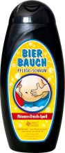 Bierbauch Pflegeschaum. Damit kann sich der Mann unter der Dusche einseifen. Die Shampoo Flasche ist einem lustigen Spruch bedruckt. Ideal als witziges Geschenk für Männer zum Geburtstag oder als Weihnachtsgeschenk. Aroma Duschgel in einer Flasche. Das lu