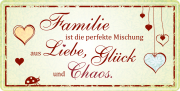 Familie ist die perfekte Mischung aus Liebe, Glück und Chaos.  ​Das lustige Metallschild mit Spruch. Das witzige Blechschild kann zuhause an einer freien Wand perfekt aufgehängt werden. Entweder im Wohnzimmer, Schlafzimmer oder in einem passenden Zimmer.