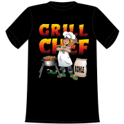 Grillchef mit Kohlesack und am Grillieren. Das lustige T-Shirt mit Spruch für alle Männer, die gerne im Sommer im Garten grillieren. Das optimale Geschenk zum Geburtstag oder als Mitbringsel für die Einladung zur Grillparty. Erhätlich in den Grössen XL, L