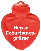 Heisse Geburtstagsgrüsse.   Die Herz Wärmeflasche ist ein hochwertiges Qualitätsprodukt. Mit einem samtig-weichen Veloursüberzug (rot) 100 % Polyester, mit einem weissen, aufgesticktem Herzli auf der Vorderseite. Dazu mit bedruckt mit einem lustigen Spruc