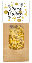 Mit der Aufschrift: Merry Christmas. Die beliebten Engel Teigwaren in einer schönen Geschenkpackung für Weihnachten. Am Naturbeutel ist eine Etikette angebracht. Vorderseite mit Sprüchen, Rückseite mit einem feinen Pasta Rezept mit Tomaten Mozzarella Sauc