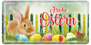 Frohe Ostern. Motiv mit bunten Ostereier und dem Osterhasen.  Das lustige Metallschild mit Spruch. Das witzige Blechschild kann zuhause an einer freien Wand perfekt aufgehängt werden. Entweder im Wohnzimmer, Schlafzimmer oder in einem passenden Zimmer. Ei