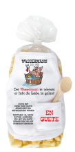 Mit dem Sternzeichen Spruch: Der Wassermann ist tolerant, er iebt die Liebe, ist galant. Die beliebten und lustigen Schwein Teigwaren. Als Geschenk mit einer kleinen Mini-Schürze und einem herzigen Holzlöffeli. Inklusive Rezept auf Schürzch