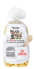 Mit dem Sternzeichen Spruch: Der Widder hat viel Energie, ist unbeschwert, hat Fantasie. Die beliebten und lustigen Schwein Teigwaren. Als Geschenk mit einer kleinen Mini-Schürze und einem herzigen Holzlöffeli. Inklusive Rezept auf Schürzch