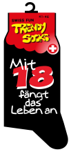 Spasssocken mit dem Spruch Mit 18 fängt das Leben an. Einheitsgrösse (41 – 46). Optimal als Geschenk für jeden Anlass.<br /><br /> 