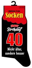 Spasssocken mit dem Spruch  Mit 40 nicht älter, sondern besser. Einheitsgrösse (41 – 46). Optimal als Geschenk für jeden Anlass.<br /><br /> 