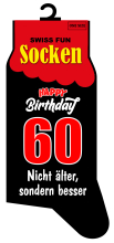 Spasssocken mit dem Spruch Socken Mit 60 immer noch in Schwung. Einheitsgrösse (41 – 46). Optimal als Geschenk für jeden Anlass.<br /><br /> 
