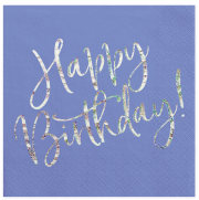 Die moderne und glitzernde Geburtstags Serviette mit dem Glitzer Schriftzug HAPPY BIRTHDAY in der Farbe violett. Passend zu jeder Geburtstagsparty mit dem Thema violett. Schöne Tischdekoration zum Glitter Geburtstag. 3-lagig, chlorfrei gebleicht, Farben a