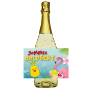 Sommer Goldsekt. Ein Prosecco Cüpli für die Frau. Mit Flamingo und Ananas. Ein einzigartiges weinhaltiges Getränk mit einer leichten Pfirsich-Note. Der Goldsekt wird in Österreich produziert, komponiert aus den beiden Weinen Gr&uu