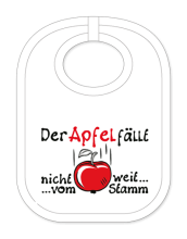 Babylätzli mit dem Spruch: Der Apfel fällt nicht weit vom Stamm. Lustiger Latz für Babys und Kleinkinder. Ein tolles Geschenk für Neugeborene, für Eltern oder einfach zur Geburt, auf den Geburtstag oder zu Weihnachten. Die Lä