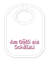 Babylätzli mit dem Spruch: Am Götti sis Schätzli. Lustiger Latz für Babys und Kleinkinder. Ein tolles Geschenk für Neugeborene, für Eltern oder einfach zur Geburt, auf den Geburtstag oder zu Weihnachten. Die Lätze fü