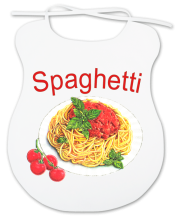 Spaghetti. Das Lätzchen für Erwachsene – der grosse Spaghetti Latz. Ein lustiges Geschenk für alle, die mehr oder weniger beim Essen kleckern. Aus Baumwolle. 35 x 45 cm