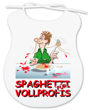 Spaghetti für Vollprofis. Das Lätzchen für Erwachsene – der grosse Spaghetti Latz. Ein lustiges Geschenk für alle, die mehr oder weniger beim Essen kleckern. Aus Baumwolle. 35 x 45 cm