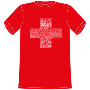 Schweizerkreuz. Im Kreuz ist die Schweizer National Hymne gedruckt. Die lustigen und witzigen bedruckten T-Shirts sind ideal als witziges Geschenk. Funshirt hergestellt aus 100% Baumwolle.