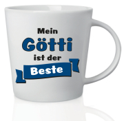 Lustige Spruch Tasse mit Aufschrift: Mein Götti ist der Beste. Das passende Geburtstags- oder Weihnachtsgeschenk für Liebhaber von Kaffee, Tee und Ovo. Ideal auch als Geschenk gefüllt mit Schokolade. Aus Keramik, Höhe 10 cm.