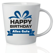 Geburtstags Spruch Tasse mit Aufschrift: Happy Birthday Alles Gute. Das passende Geburtstagsgeschenk Liebhaber von Kaffee, Tee und Ovo. Ideal auch als Geschenk gefüllt mit Schokolade. Aus Keramik, Höhe 10 cm.