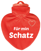 Für min Schatz.   Die Herz Wärmeflasche ist ein hochwertiges Qualitätsprodukt. Mit einem samtig-weichen Veloursüberzug (rot) 100 % Polyester, mit einem weissen, aufgesticktem Herzli auf der Vorderseite. Dazu mit bedruckt mit einem lustigen Spruch. Der Bet