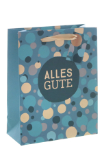 Geschenktasche mit dem Aufdruck ALLES GUTE. Ein Geschenksack, der sich als Geschenkverpackung für Geburtstagsgeschenke oder für andere Geschenke eignet. Einfasch schön einpacken und schenken. Mit modernem Punkte Design. ​ Material: 210 gr. Papier Druck: m