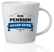 Alles gute zur Pension. Ein optimales Geschenk zur Pensionierung und für alle die in den Ruhestand treten. Lustige Tasse mit Spruch. Ideal auch als Geschenk gefüllt mit Schokolade. Aus Keramik, Höhe 10 cm.