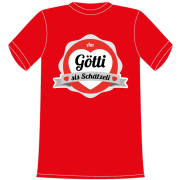 Am Götti sis Schätzeli. T-Shirt für Kinder. Ein tolles Geschenk für Mädchen und Jungen, die Schweizer Fan sind. Egal ob Fussball, Eishockey, Badminton oder ein anderer Sport. Leibchen in verschiedenen Kinder Grössen erhältlich. Aus Baumwolle. Farbe rot.