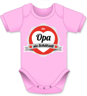 Am Opa sis Schätzeli. Die lustigen Babybodies mit Spruch. Ein witziges Geschenk für Mädchen und Jungen, ob auf die Geburt, den Geburtstag oder zu Weihnachten. Textilien erfolgreich getestet auf Hautfreundlichkeit. Alle farbigen Babybody erhältlich in den