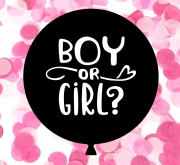 Boy or Girl Ballon – ein schwarzer Ballon mit rosa Konfetti gefüllt.  Die Babyshower Parties sind hoch im Kurs. Das ungeborene Kind wird gefeiert – und natürlich wird das Geschlecht bekanntgegeben. Dies mit einem grossen Knall, so wie es in Amerika zur Tr