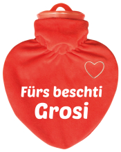 Fürs beschti Grosi.   Die Herz Wärmeflasche ist ein hochwertiges Qualitätsprodukt. Mit einem samtig-weichen Veloursüberzug (rot) 100 % Polyester, mit einem weissen, aufgesticktem Herzli auf der Vorderseite. Dazu mit bedruckt mit einem lustigen Spruch. Der