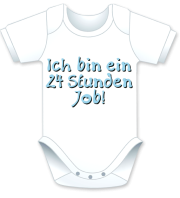 Kurzarm Babybody mit dem Spruch: Ich bin ein 24 Stunden Job. Die grosse Show der herzigen Babybodies. Die Strampler mit den lustigen Sprüchen. Das finden nicht nur die Kleinkinder lustig, sondern vor allem auch die Erwachsenen haben an diesem Geschen