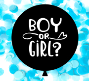 Boy or Girl Ballon – ein schwarzer Ballon mit blauen Konfetti gefüllt.  Die Babyshower Parties sind hoch im Kurs. Das ungeborene Kind wird gefeiert – und natürlich wird das Geschlecht bekanntgegeben. Dies mit einem grossen Knall, so wie es in Amerika zur