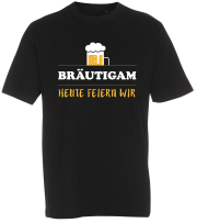 Bräutigam – heute feiern wir! Mit Bier! Das lustige Polterabend T-Shirt für den Bräutigam. Das farbige Sujet-Motiv passt perfekt für den Junggesellen Abschied und seine Gefolgschaft.  Auch für die Kollegen des Bräutigams gibt es passende Shirts, welche in