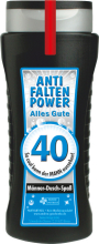 Anti Falten Power. Alles Gute zum 40. Geburtstag. Damit kann sich der Mann unter der Dusche einseifen. Die Shampoo Flasche ist mit einem lustigen Spruch bedruckt. Ideal als witziges Geschenk für Männer zum Geburtstag mit der Zahl 40. Aroma Duschgel in ein