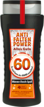 Anti Falten Power. Alles Gute zum 60. Geburtstag. Damit kann sich der Mann unter der Dusche einseifen. Die Shampoo Flasche ist einem lustigen Spruch bedruckt. Ideal als witziges Geschenk für Männer zum 60. Geburtstag. Aroma Duschgel in einer Flasche. Das 