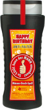 Happy Birthday Anti Falten. So cool kann MANN aussehen. Damit kann sich der Mann unter der Dusche einseifen. Die Shampoo Flasche ist einem lustigen Spruch bedruckt. Ideal als witziges Geschenk für Männer zum Geburtstag. Aroma Duschgel in einer Flasche. Da