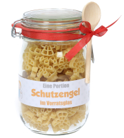 Eine Portion Schutzengel im Vorratsglas. Viele kleine Engeli im Bügelglas. Der besonderen Schutzengel-Nudeln zum Verschenken. Schönes Geschenk auch zu Weihnachten. Engel-Pasta-Teigwaren aus Schweizer Produktion. Inhalt: ca. 300 g