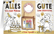 Happy Birthday zum Geburtstag. Dies ist eine besondere goldene Glückwunschkarte. Die Karte kann aufgeklappt werden, um dort den Glückwunsch Text reinzuschreiben. Speziell ist, dass vorne auf der Geburtstagskarte noch eine Mäusefalle klebt. In diese kann d