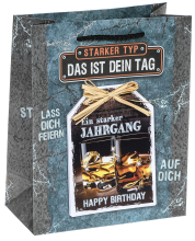 Ein starker Jahrgang, Happy Birthday. Mit Whisky Motiv. Edle und stabile Papiertasche, mit einer schwarzen Kordel als Henkel. Dieser Geschenksack ist für Männer Geschenke. Das Geschenk für den Mann kann so einfach verpackt werden. Speziell: Die lustige Ge