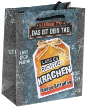 Lass es richtig krachen, Happy Birthday. Edle und stabile Papiertasche, mit einer schwarzen Kordel als Henkel. Dieser Geschenksack ist für Männer Geschenke. Das Geschenk für den Mann kann so einfach verpackt werden. Speziell: Die lustige Geschenkstüte hat