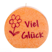 Viel Glück. Ein besonderer Glücksbringer für eine Prüfung oder einen aussergewöhnlichen Anlass. Die kleine runde Glückskerze zum Verschenken. Ideal für ein kleines Geschenk zum Geburtstag oder für einen besonderen Anlass. Sag es mit einer besonderen Kerze