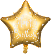 Happy Birthday Stern Ballon, ein Geburtstagsballon. Dieser Folienballon kann mit Helium / Ballongas gefüllt werden. Den Sternballon können sie aber auch mit Luft aufblasen. Dazu einfach ein Strohhalm nehmen, in die Öffnung einfahren und aufpusten. Als Ges